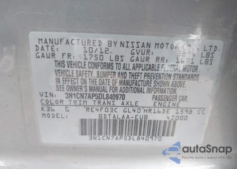 2013 Nissan Versa 1.6 S z USA, uszkodzony, nr VIN 3N1CN7AP5DL840970